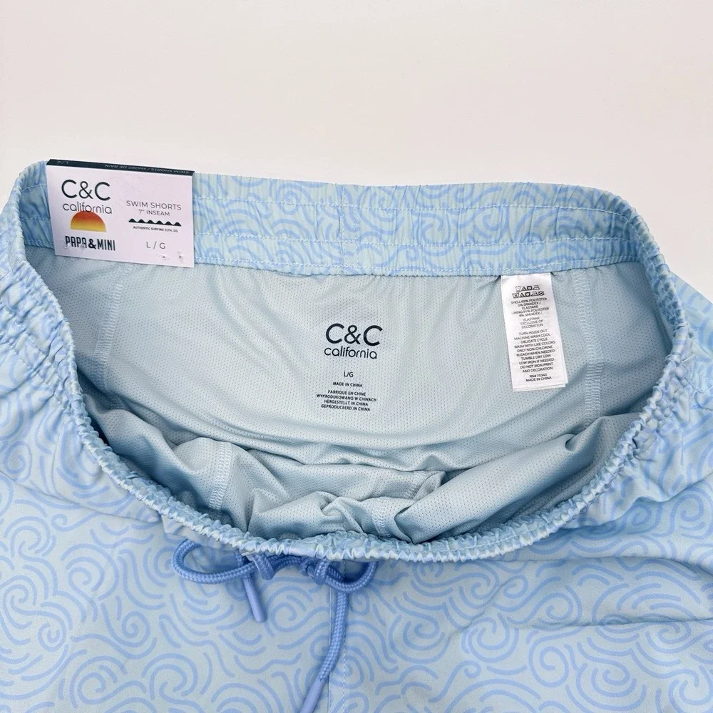 C&C California Men's Swim Trunks Large Inseam 7'' Blue Swirl Wave Shorts NWT